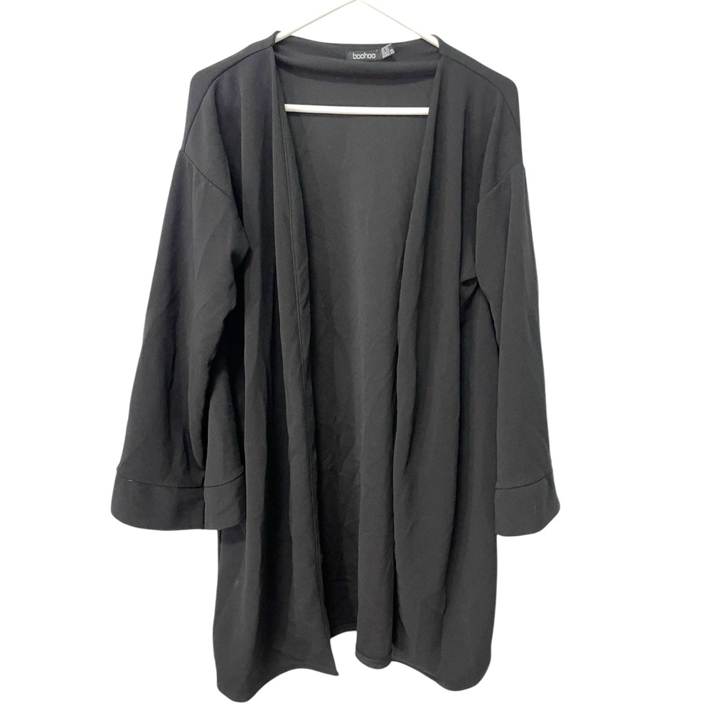 Boohoo Size 14 Black Duster‎ Cardigan Open Front Crepe Long Sleeve Minimalist